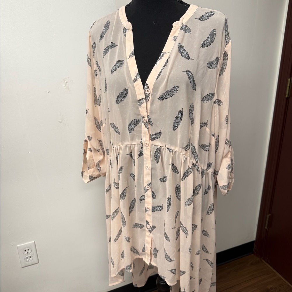 Torrid Feather Print Button-Down Long Chiffon Top… - image 1